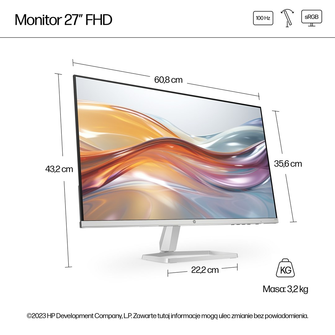 Monitor HP 27-inch Series, 27", 1920 x 1080, 100 Hz, i bardhë