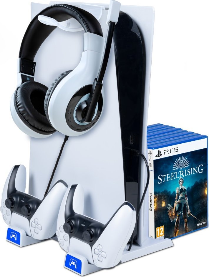 Stacion karikues për PS5, me bazë vertikale, me hapësirë për lojëra, i zi