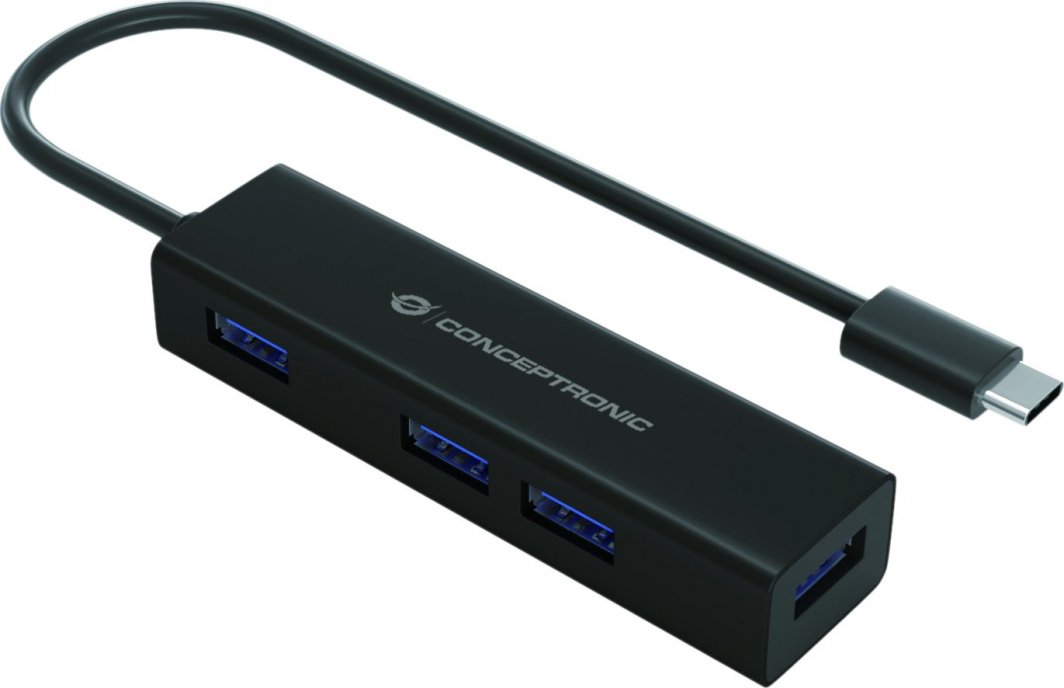 HUB USB Conceptronic HUBBIES07B, USB C në 4x USB 3.0, 5 Gbit/s, i zi