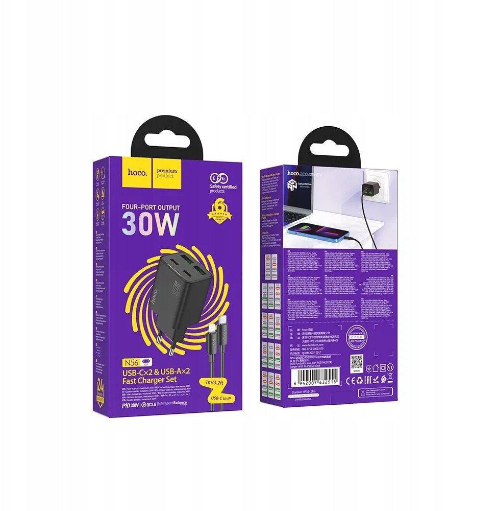 Karikues mural Hoco N56, 30W, 4 porta USB, me kabllo Lightning, i zi