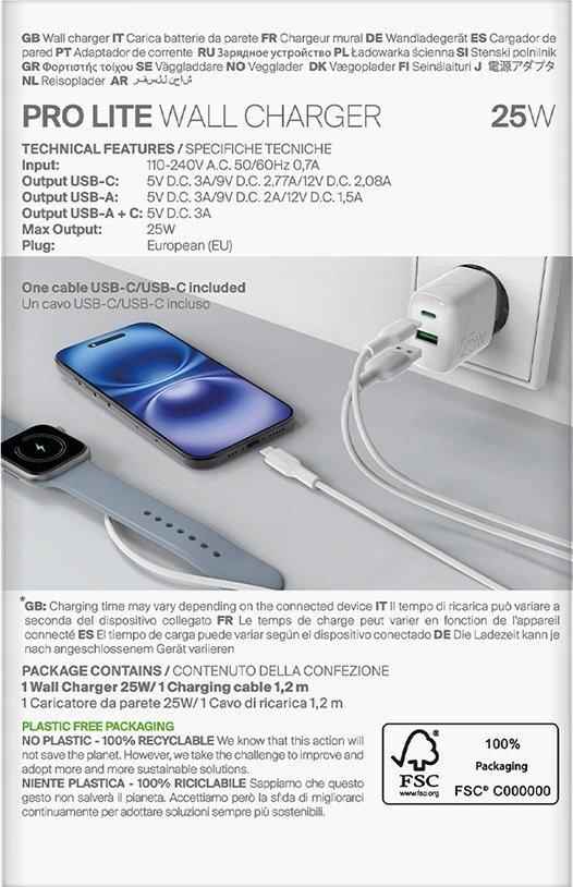 Karikues muri Puro PROLITE, 25W, USB A dhe USB C, i bardhë