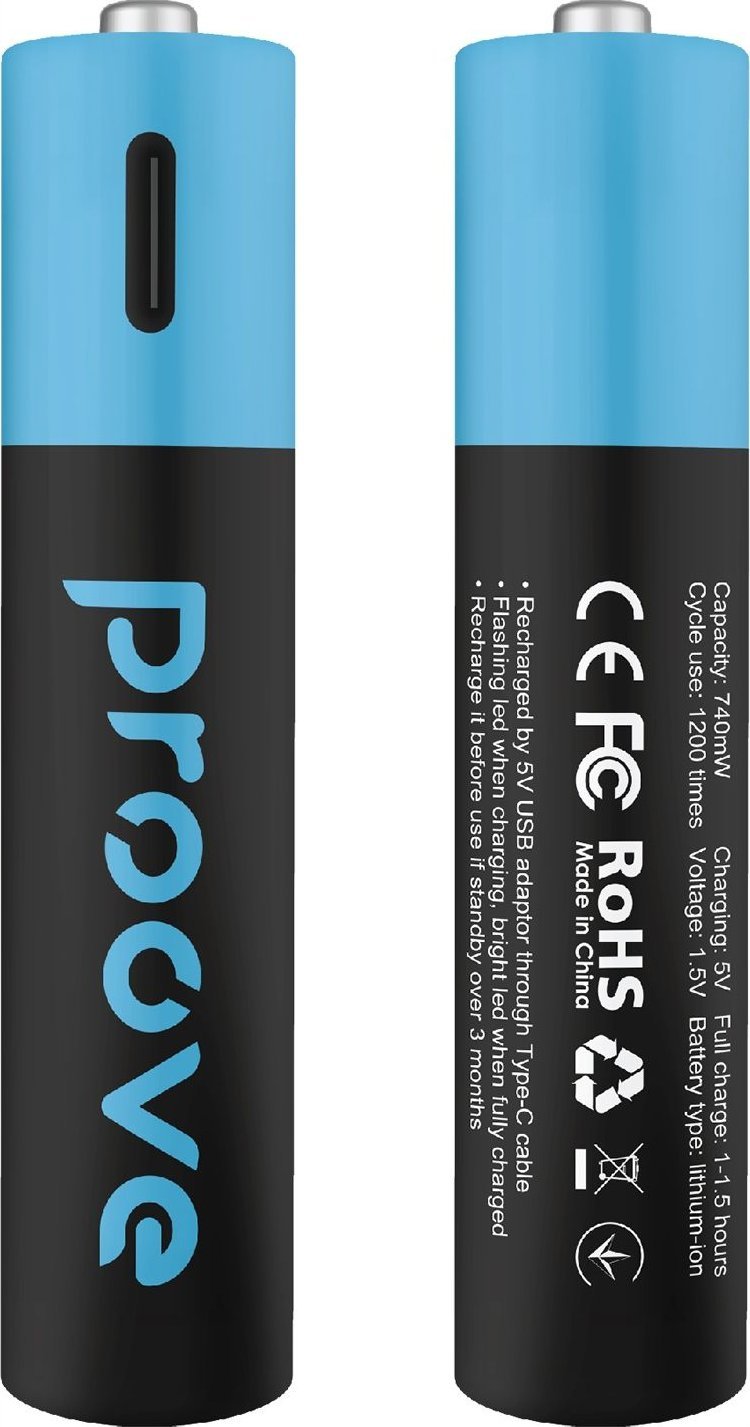 Bateri të rikarikueshme AAA Proove, 740 mWh, 2 copë, të zeza