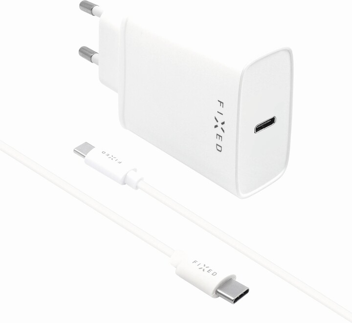 Karikues FIXED USB-C, PD, 20W, i bardhë + kabllo USB-C - USB-C, 1m, e bardhë