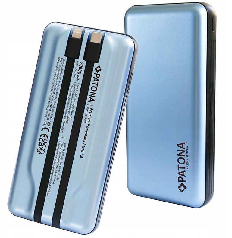 Powerbank PATONA 20000mAh, PD 65W, 3A, USB C Lightning, e zezë