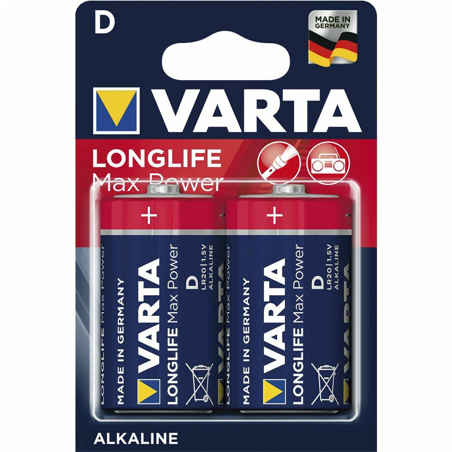 Bateri alkaline VARTA Longlife Max Power D, 1.5V, paketim 2 copë
