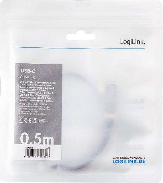 Kабел продолжувач USB C LogiLink CUA0110, USB 3.2 Gen 2, 0.5 m, црна