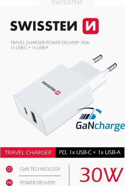 Karikues udhëtimi Swissten, 1x USB C, 1x USB A, 30W, i bardhë