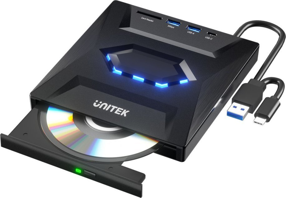 Надворешен оптички драјв UNITEK 5 во 1, CD DVD снимач, USB 3.0, црн