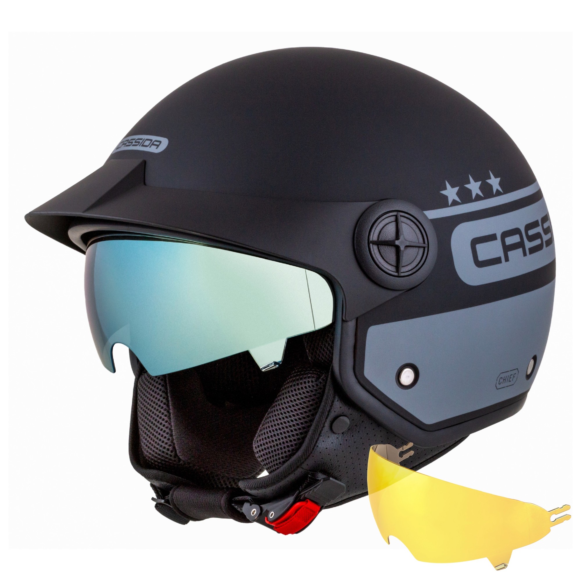 Мото кацига Cassida Handy Plus Chief, големина M, златен визир, сива