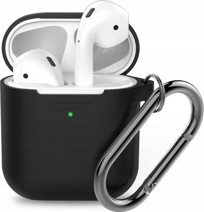 Këllëf për kufje Apple AirPods, elastomer i qëndrueshëm, me karabinë, i zi