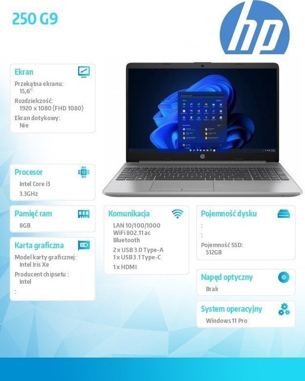 Laptop HP 250 G9 (6F2C6EA), 15.6", Intel Core i3 1215U, 8 GB RAM, 512 GB SSD, i hirtë