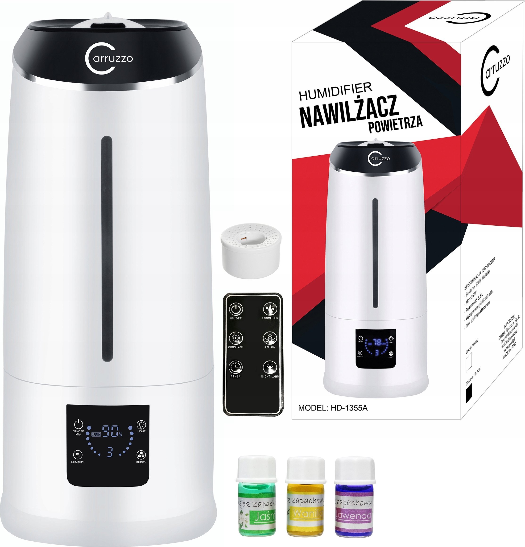 Lagështues ajri Carruzzo, 6.5L, pastrues me jonizues dhe aromaterapi, i bardhë