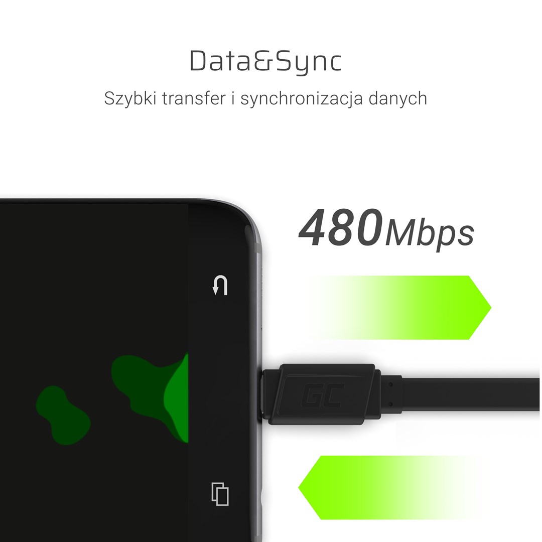Kabllo USB Green Cell KABGC03, USB-A në USB-C, 0.25m, e zezë