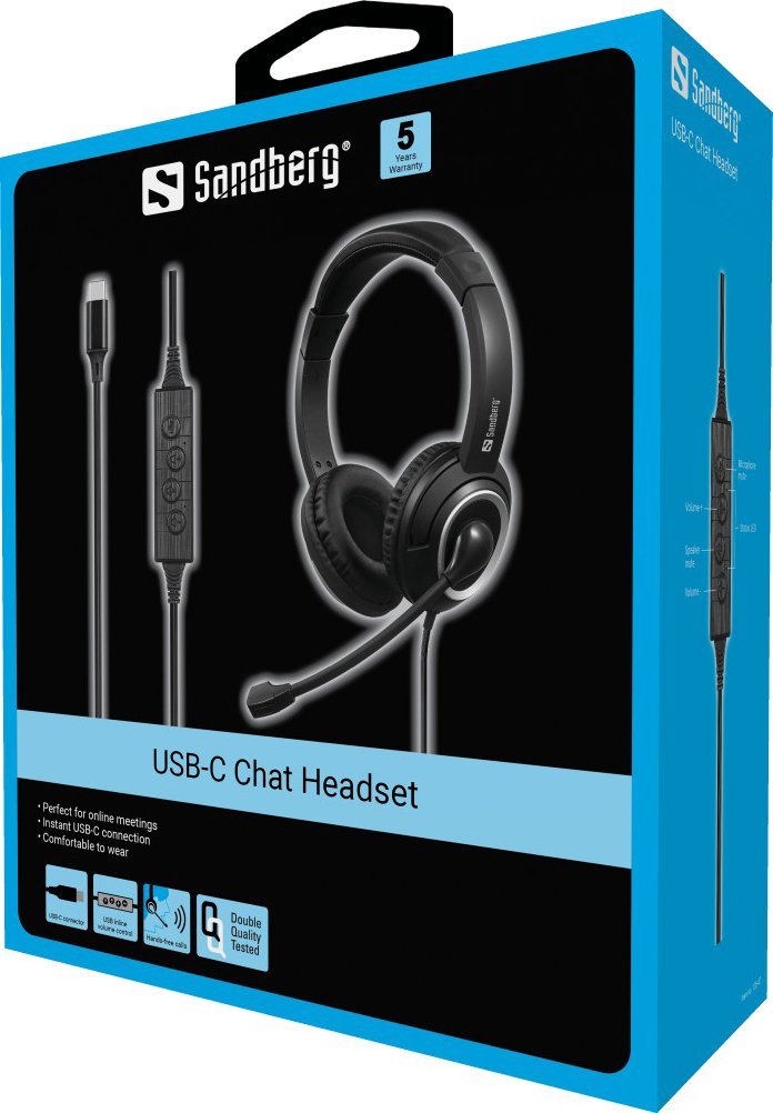 Kufje me mikrofon Sandberg USB C Chat Headset, lidhje USB C, kontroll volumi në kabllo, të zeza
