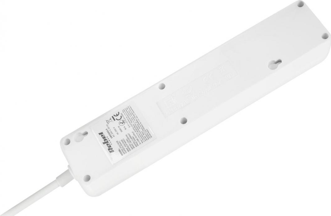 Zgjatës prizash Rebel, 3 dalje, 2 porta USB 2.1A, 1.5m, i bardhë