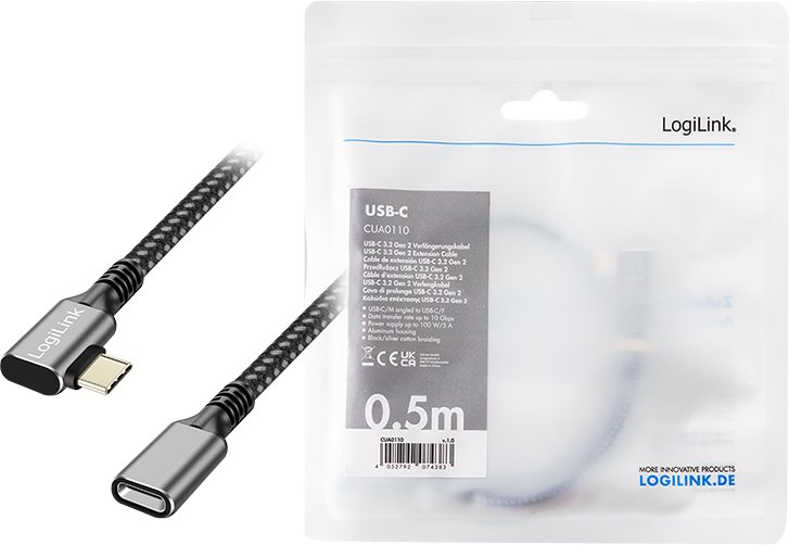 Kабел продолжувач USB C LogiLink CUA0110, USB 3.2 Gen 2, 0.5 m, црна