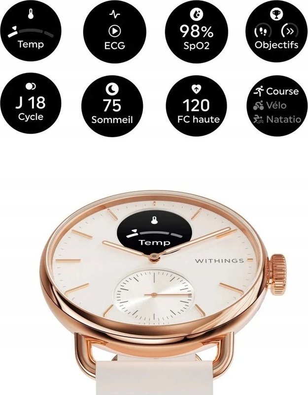 Ore hibride smartwatch Withings ScanWatch 2, 38mm, ECG dhe matje temperature, rozë gold