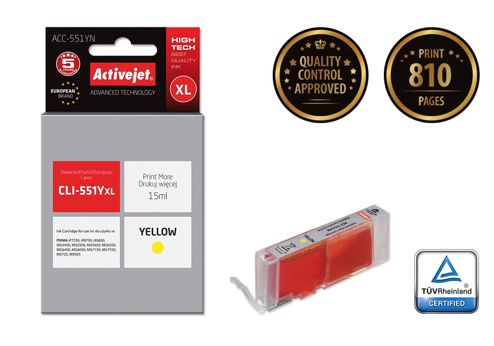 Ngjyrë për printer Activejet ACC-551YN (zëvendësim për Canon CLI-551Y), 15 ml, e verdhë