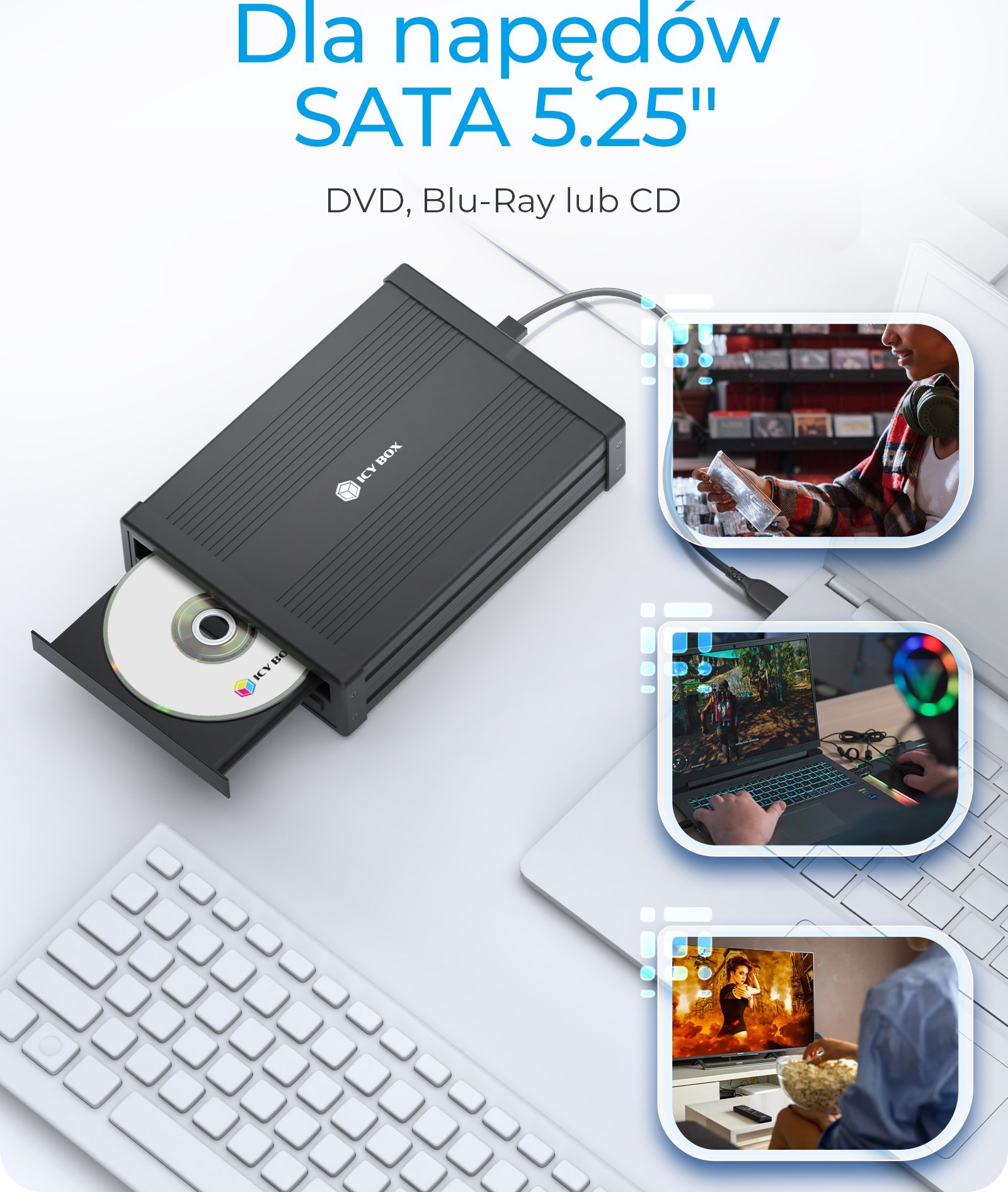 Kuti e jashtme për ODD Icy Box IB-525-U3, 5.25", USB 3.2, e zezë