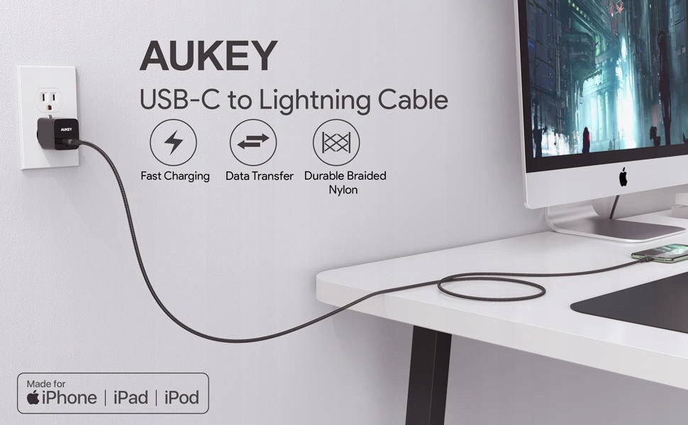 Kabllo Aukey, Lightning / USB C, 2 m, e zezë