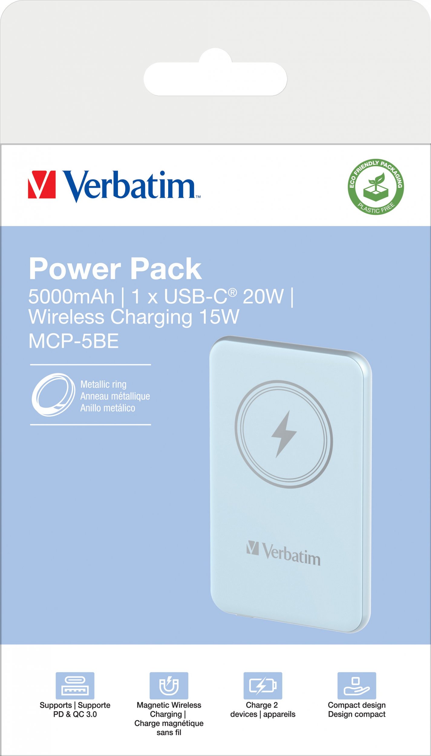 Power bank Verbatim Charge n Go, 5000mAh, karikim magnetik wireless, blu