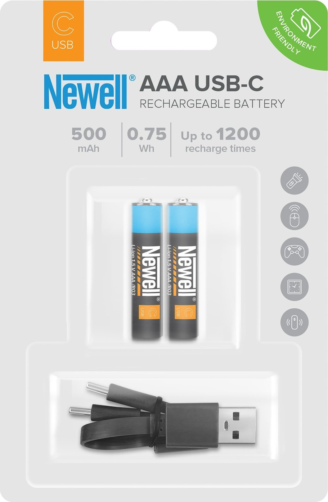 Bateri rikarikuese Newell AAA USB C, 500 mAh, e bardhë