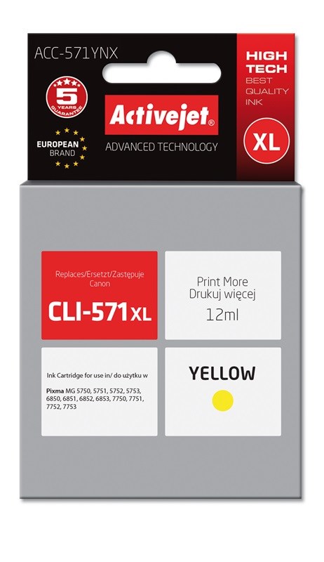 Ngjyrë për printer Activejet ACC-571YNX (zëvendësim për Canon CLI-571Y XL), 12 ml, e verdhë