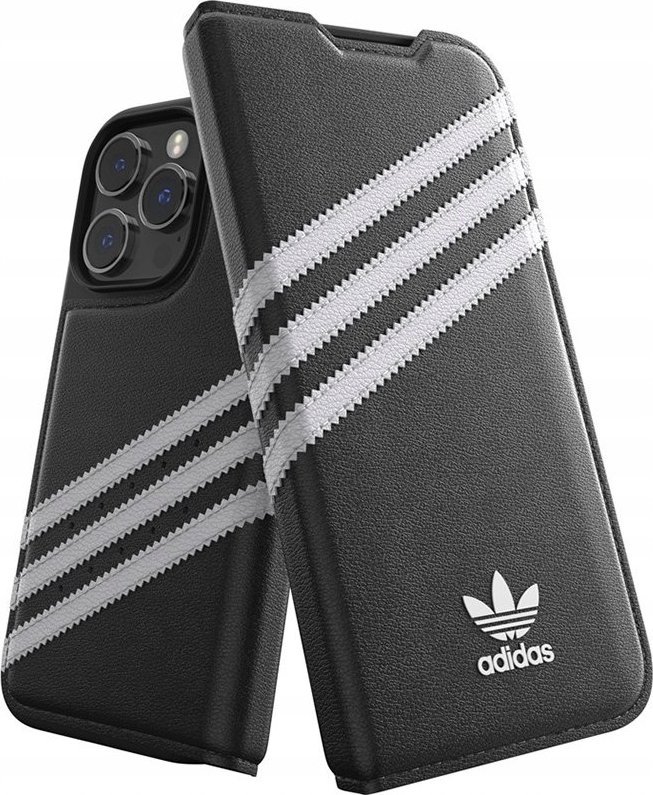Këllëf booklet Adidas për iPhone 14 Pro, lëkurë PU, me xhep karte, i zi