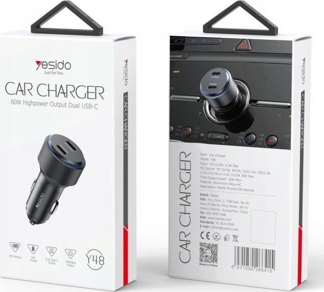 Полнач за автомобил Yesido Y48, 60W PD, 2x USB C, црн