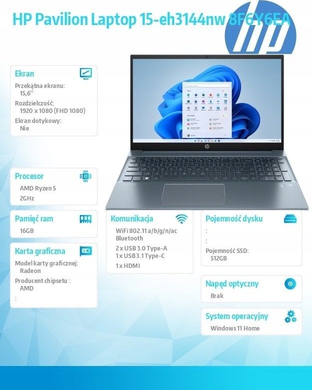 Laptop HP Pavilion 15-eh3144nw, 15.6", AMD Ryzen 5 7530U, 16 GB RAM, 512 GB SSD, i kaltër