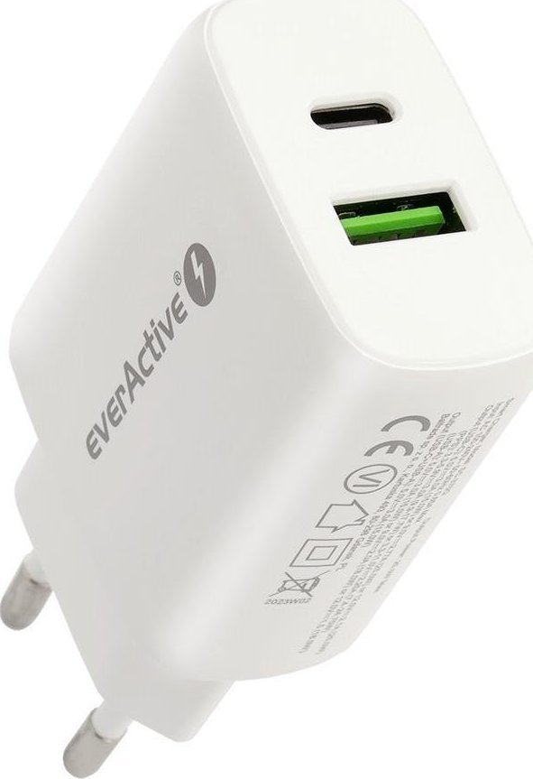 Мрежен полнач EverActive SC-370Q, 25W, USB QC3.0 и USB C PD PPS, бел