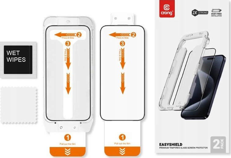 Mbrotës ekrani Crong EasyShield, xham i temperuar 9H, 2 copë, për iPhone 14 Pro, me kornizë të zezë