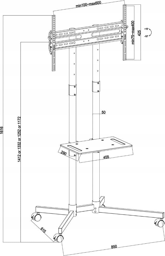 Stativ TV Maclean MC-951, 32-70", VESA 600x400, në rrota, i zi