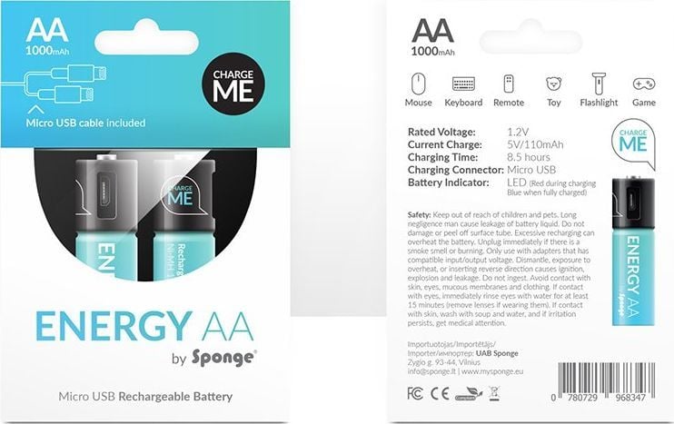 Bateri rikarikueshme Sponge Energy AAA, 450mAh, Micro USB, 1.2V