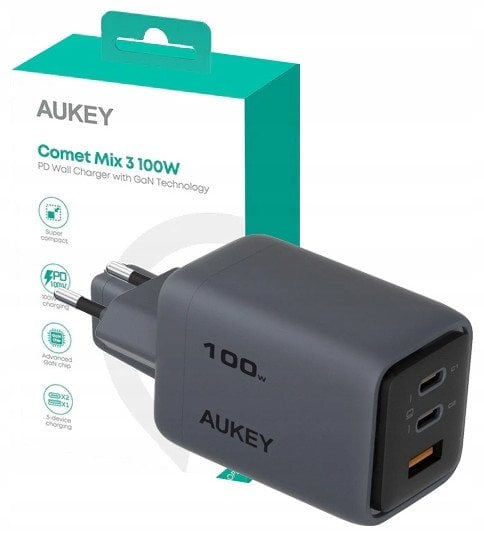 Karikues muror Aukey PA-C5 Comet Mix 3, 100W, 2x USB-C dhe 1x USB, gri