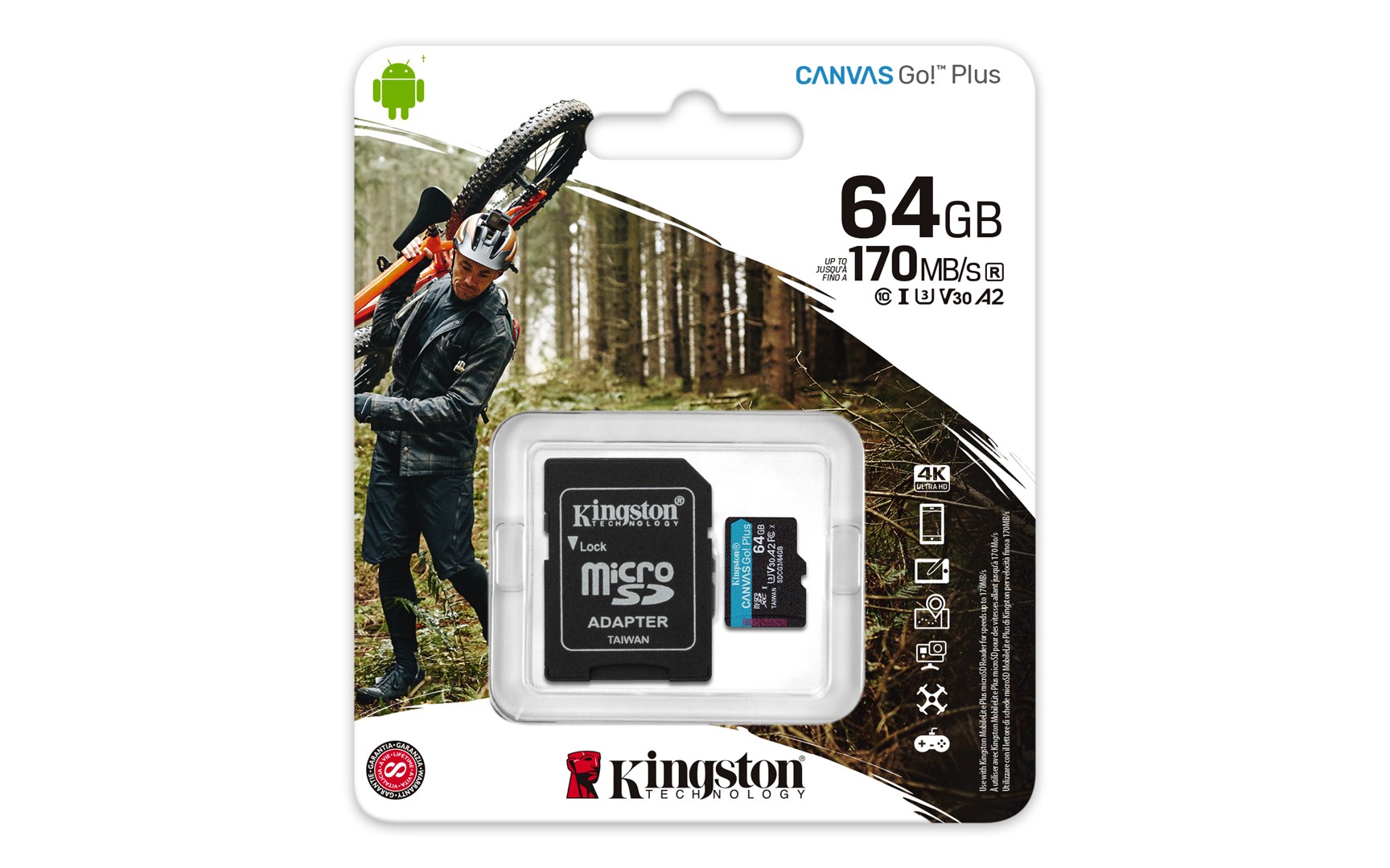 Kartë e memories Kingston Canvas Go Plus, MicroSD, 64 GB, Class 10 + përshtatës SD