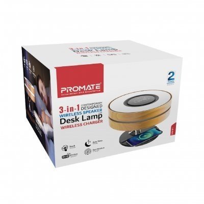 Llambë tavoline Promate Mirth, altoparlant Bluetooth, karikues wireless 10W, me orë digjitale, ngjyrë dru