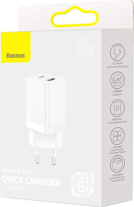 Karikues rrjeti Baseus Super Si Pro BSU2902WHT, 30W, 1x USB C 1x USB A, i bardhë