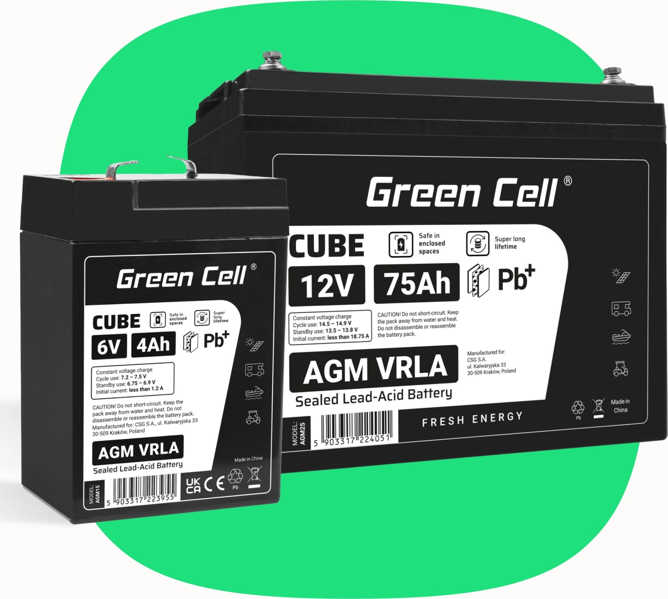 Bateri xheli Green Cell CUBE AGM 6V 4.5Ah, VRLA, IP54