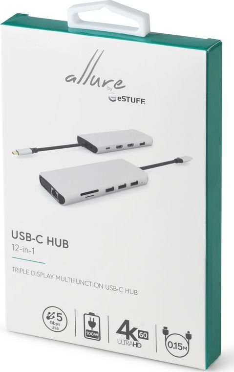 Docking station eStuff ES623009, USB C 12in1, Power Delivery 3.0, gri