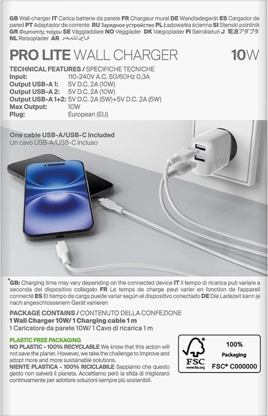 Полнач за во ѕид Puro Charger, 10W, 2x USB A, бел