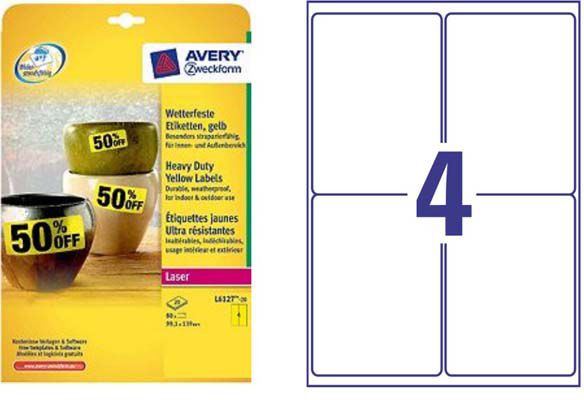 Самолепливи етикети Avery Zweckform L6127, 99.1 x 139 mm, A4, жолти