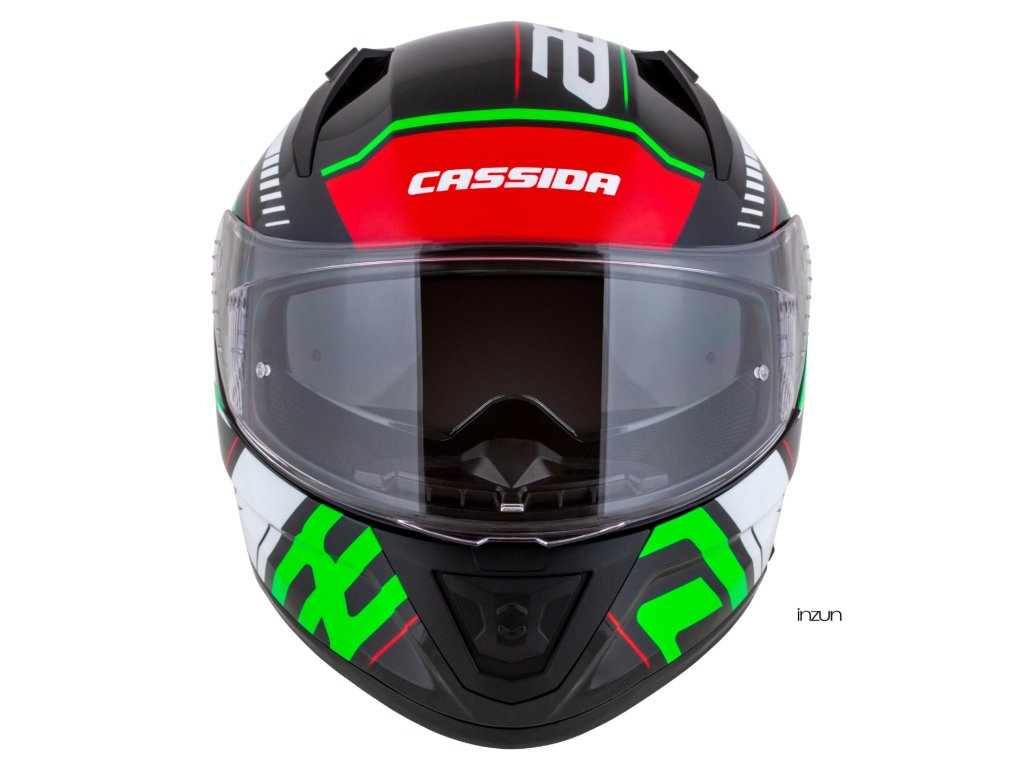 Helmetë moto CASSIDA Aero Drome 2026, integrale, polikarbonat, e zezë metalike kuqe gjelbër bardhë