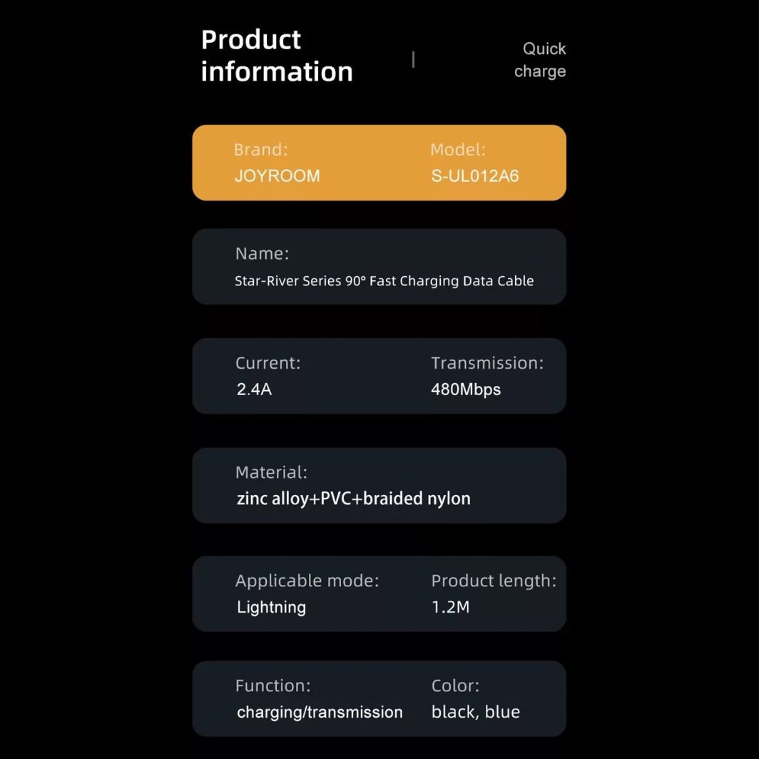 Kabllo USB Joyroom S-UL012A6, USB-A në Lightning, 1.2m, blu