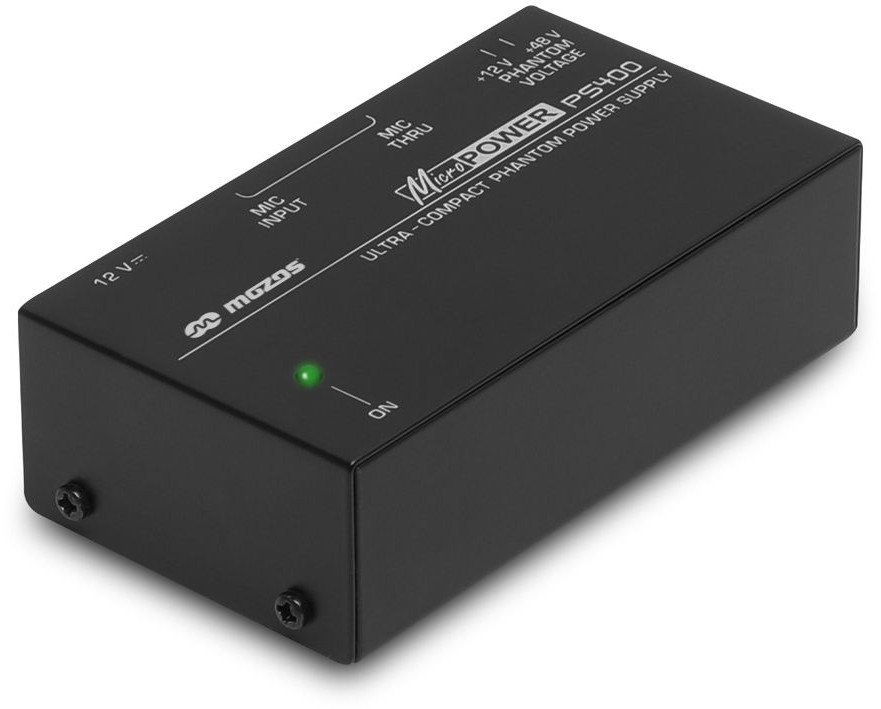 Furnizues phantom power Mozos PS400, 12V 48V, për mikrofonë XLR, i zi