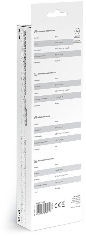 Кабел за струја Savio CL-178, 5m, IEC C7, црн