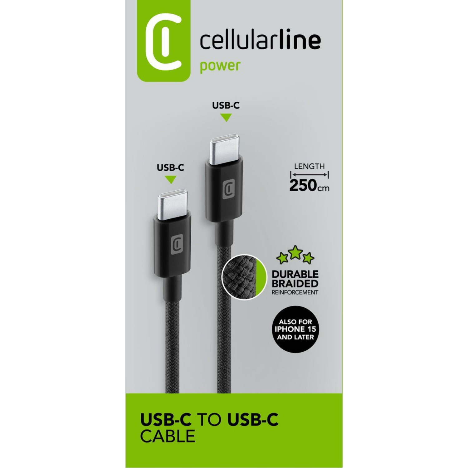 CELLULARLINE USB-C TO USB-C BRAIDED CABLE 250CM BLACK