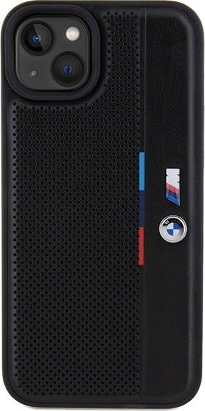 Kapak telefoni BMW Perforated Tricolor Line për iPhone 15 Plus 14 Plus, lëkurë ekologjike, i zi
