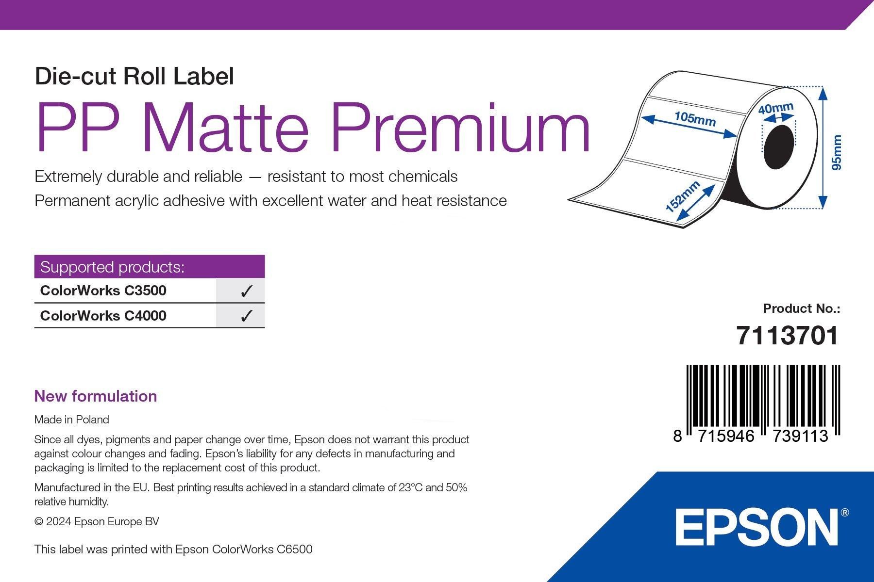 Rrotull etiketash Epson PP Matte Label Premium, 105 x 152mm, 185 etiketa, e bardhë