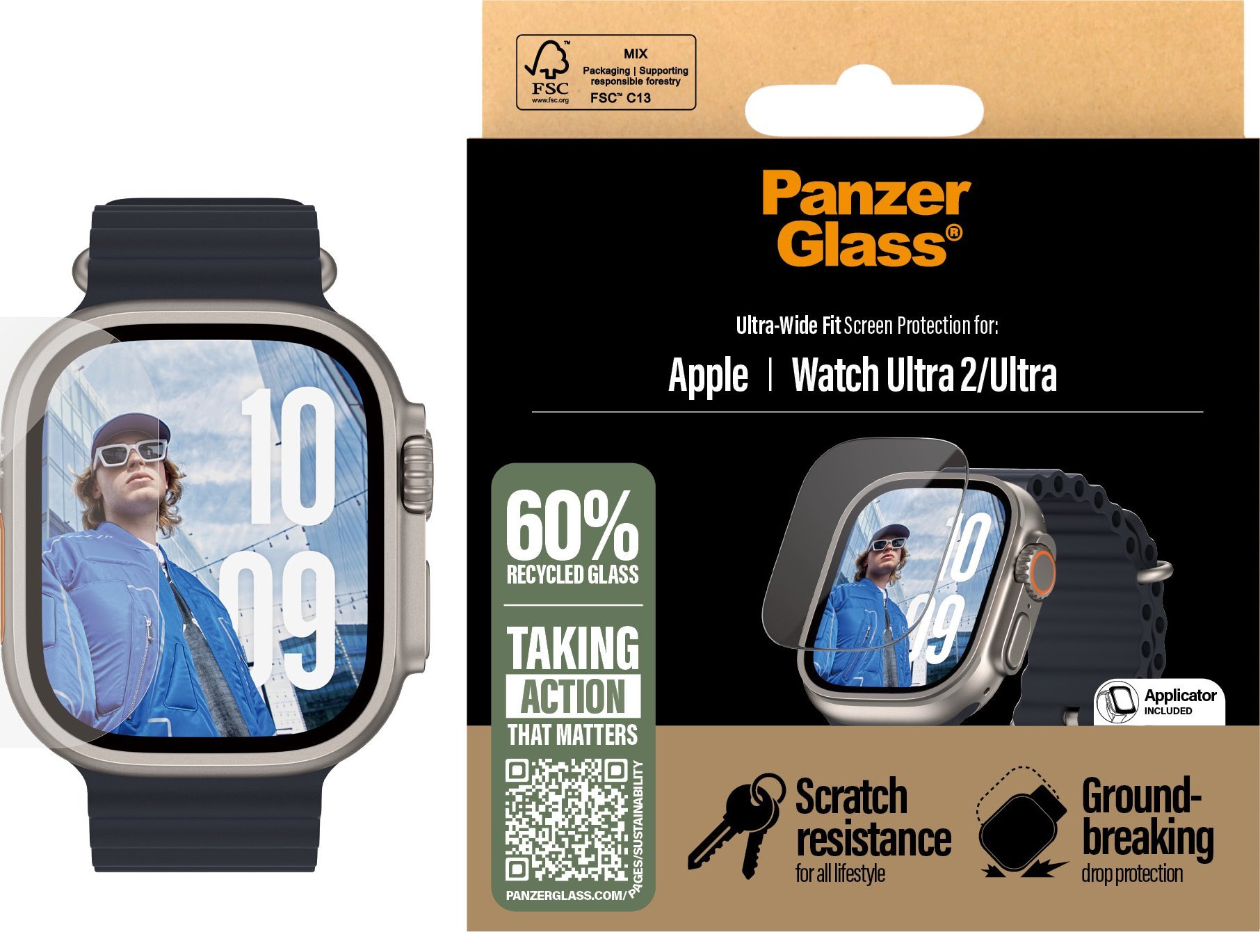 Mbrojtës ekrani PanzerGlass për Apple Watch Ultra 2, Ultra Wide Fit, transparent